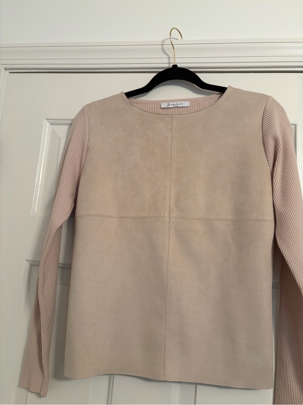 Suede & Knit-Sleeve Suede pullover - light beige color